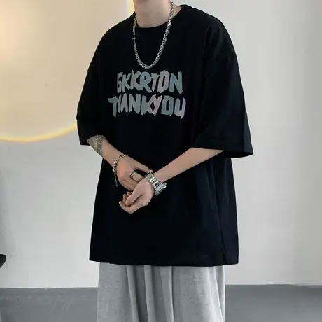 短袖T恤男夏季美式vibe风潮流ins字母时尚半截袖oversize痞帅中袖商品大图