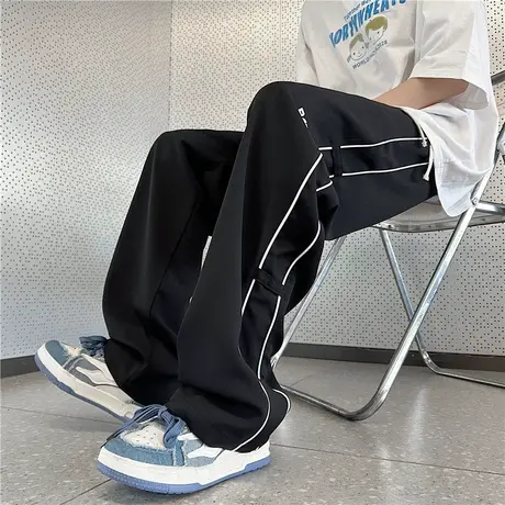 冰丝休闲裤子男款夏季黑色潮流小众条纹速干裤vibe潮流凉感伞兵裤商品大图