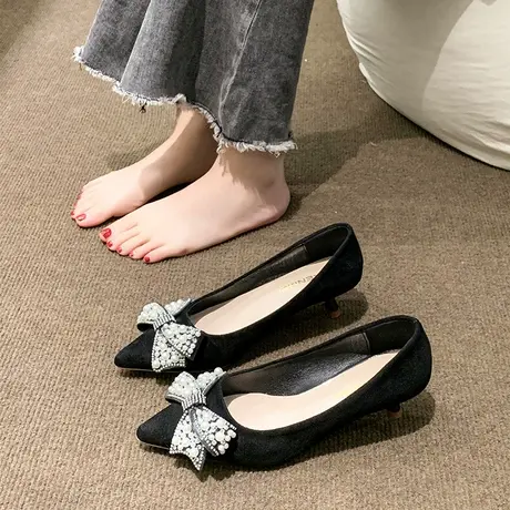 法式设计感小众高跟鞋女2023年新款百搭尖头黑色珍珠蝴蝶结宴会鞋图片