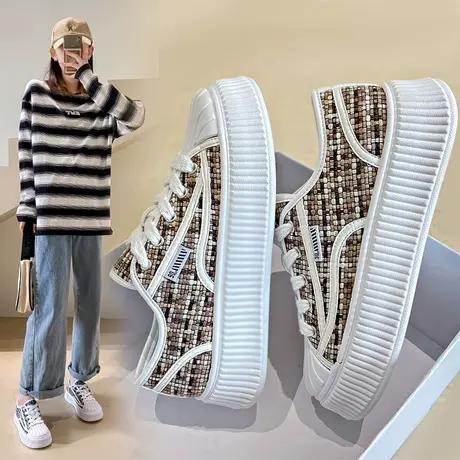 帆布鞋女款2023年新款春秋季潮ins百搭饼干板鞋厚底休闲布鞋小众图片