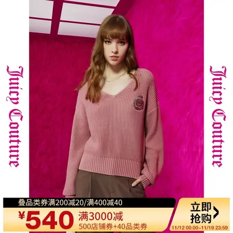 Juicy Couture橘滋23初秋冬新款木棉花开logo银丝绣章V领女式毛衣图片