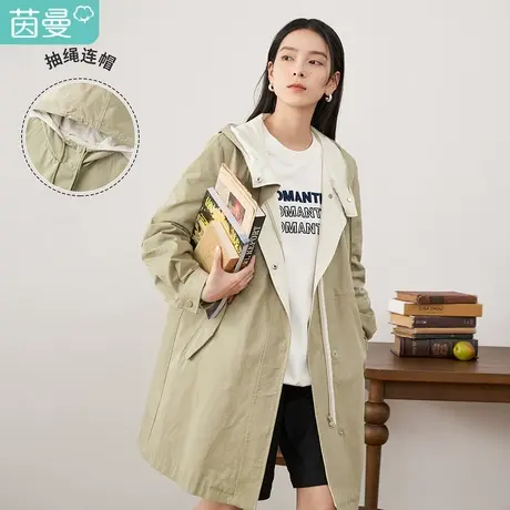茵曼通勤纯棉风衣女装2023年冬季新款百搭连帽抽绳收腰中长款外套图片