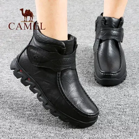Camel/骆驼女鞋冬季加绒保暖真牛皮平底短筒中年舒适休闲妈妈靴子图片