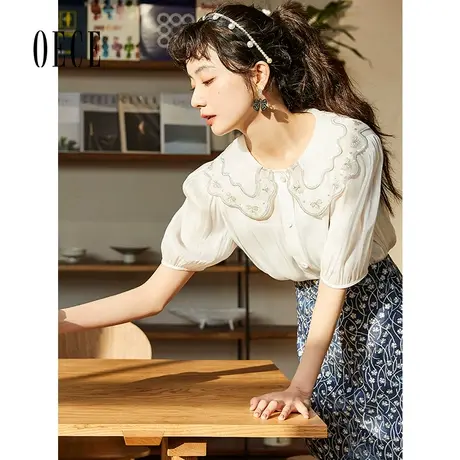 Oece法式小众衬衫年夏装新款女装温柔刺绣娃娃领泡泡袖上衣图片