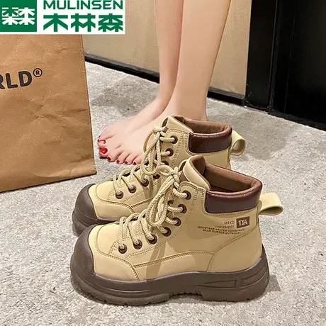 木林森爆款靴子女2023新款秋冬超火厚底工装短靴复古休闲马丁靴女图片