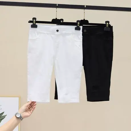五分牛仔裤女夏高腰弹力中裤紧身显瘦爆款ins骑行黑色5分破洞短裤商品大图