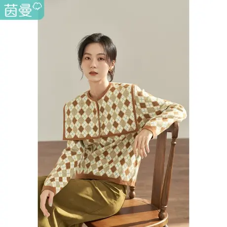 【商场同款】茵曼2023春女装新款学院复古撞色菱格圆领套头毛衣图片
