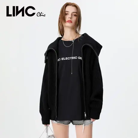 商场同款LINC金羽杰2023秋季新款复古大翻领廓形披挂针织开衫女商品大图
