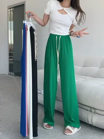 冰丝阔腿裤女夏季薄款2023年新款高腰垂感黑色宽松直筒运动休闲裤图片