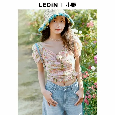 【小野新泽联名】乐町夏季新款印花方领雪纺衫上衣C1CDE2214商品大图