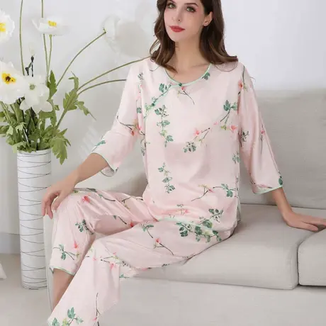 睡衣女春秋款中式国风2025新款冰丝高级感丝绸家居服仿真丝带胸垫商品大图