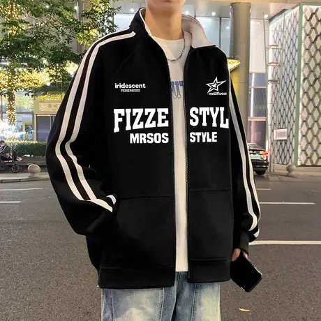 条纹开衫卫衣男春秋季新款潮牌立领宽松外套ins美式休闲拉链上衣图片