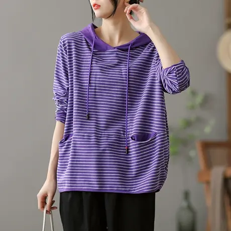 dza 复古短款连帽卫衣女士春秋装横条纹长袖上衣新款百搭宽松帽衫图片