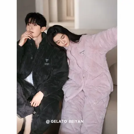 贝妍冬季珊瑚绒夹棉情侣睡衣高领保暖加厚棉袄男女开衫家居服套装商品大图