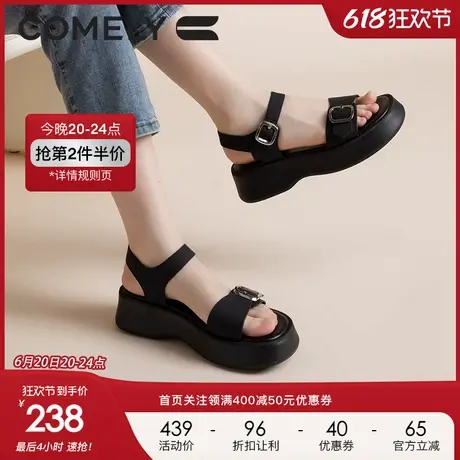 康莉休闲凉鞋女真皮2023年夏季新款厚底增高轻便羊皮魔术贴沙滩鞋图片