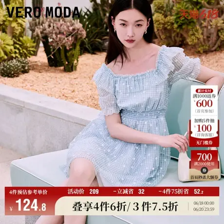 Vero Moda奥莱连衣裙夏季清仓网纱格纹收腰方领荷叶边甜美网纱裙图片