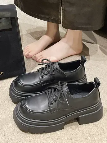 2023秋季新款黑色粗跟系带乐福单鞋子圆头复古英伦风厚底小皮鞋女图片