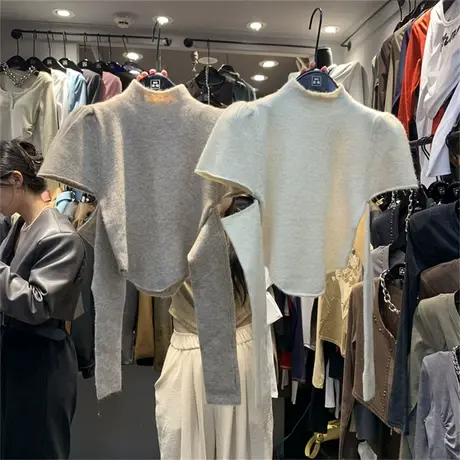 设计感半高领泡泡断开袖针织衫女2023秋韩范时髦修身辣妹风毛衣潮商品大图