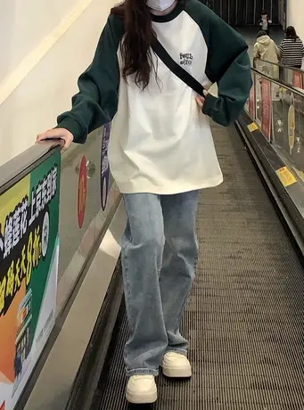 美式街头风撞色长袖上衣女复古绿色插肩高级感ins潮秋季百搭卫衣商品大图