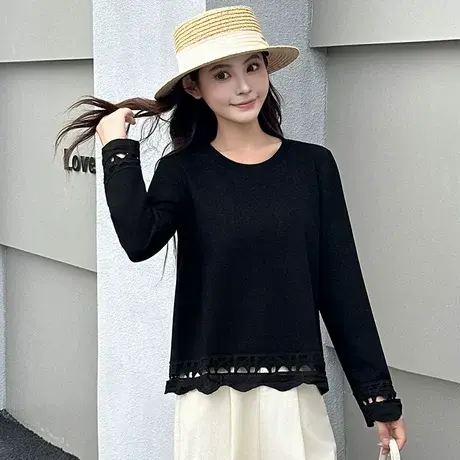 拉夏贝尔高级感蕾丝拼接长袖t恤女2025秋新款洋气独特别致上衣图片