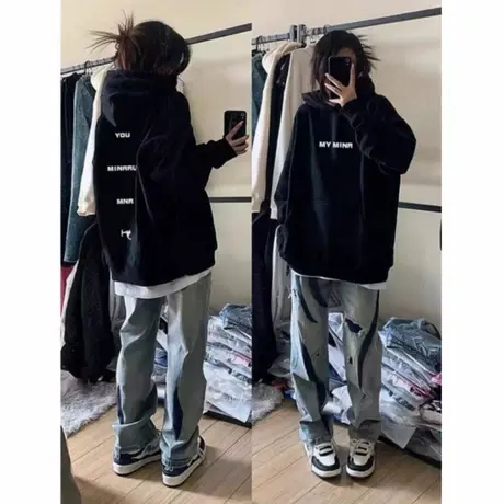黑色重磅连帽oversize美式复古高街卫衣女秋冬款宽松加绒加厚外套商品大图