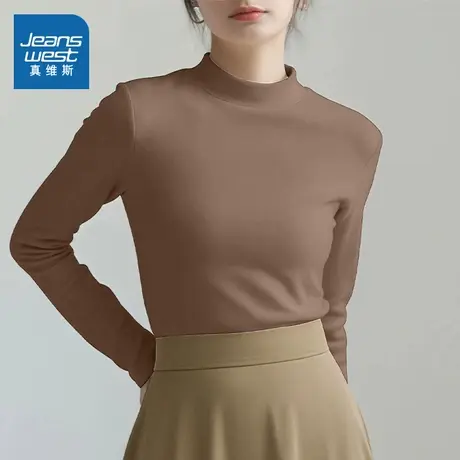 KMV真维斯仿德绒打底衫女2025新款春秋外穿内搭上衣半高领长袖t恤商品大图
