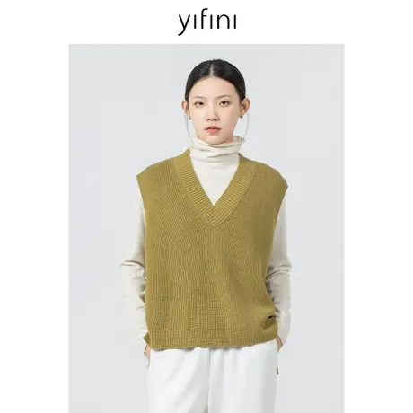 Yifini/易菲宽松无袖叠穿外搭大V领毛织马夹女2023秋季新款羊毛衫图片