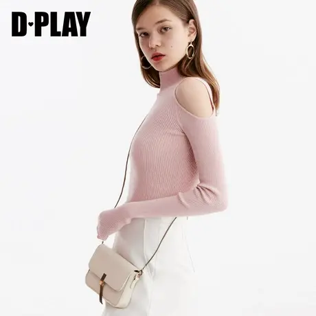 DPLAY德帕拉秋新品欧美浅粉色高圆领露肩修身显瘦针织打底衫商品大图