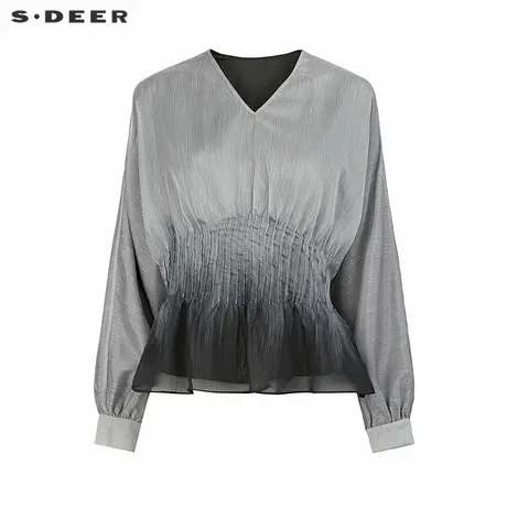 sdeer圣迪奥女装OL风V领压褶渐变长袖上衣S25183203商品大图