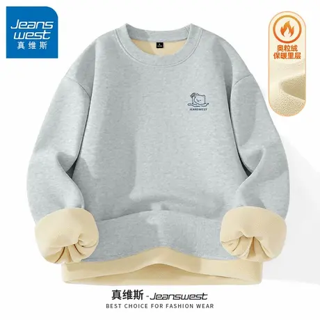 GV真维斯灰色卫衣男女同款秋冬季新款保暖加厚奥粒绒圆领外套B商品大图