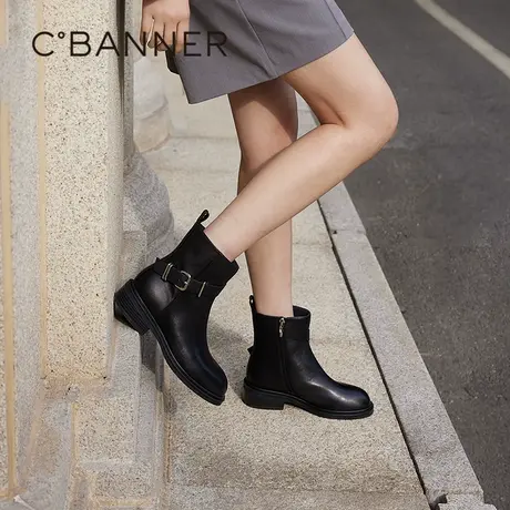 千百度中跟真皮时装靴女款百搭冬季气质通勤保暖时尚洋气小短靴商品大图