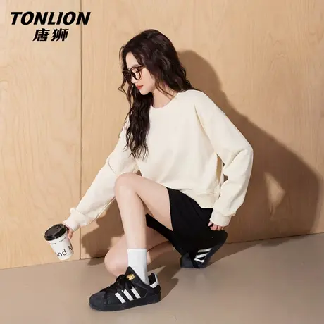 唐狮官方短款卫衣女2026新款春圆领套头外套小个子宽松大码上衣VC图片