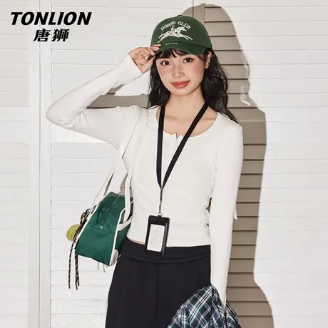 唐狮白色内搭女上衣2026新款秋冬季小个子修身显瘦U领长袖t恤VB图片