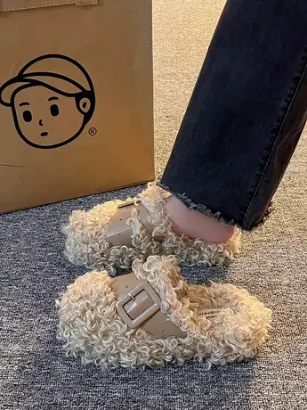 卷毛包头半拖鞋女外穿2023秋冬新款厚底保暖舒适复古皮带扣毛毛鞋图片