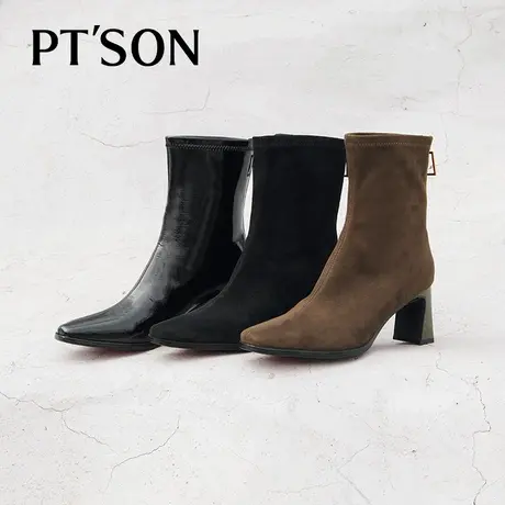 [商场同款]百田森法式短靴2023秋新高跟瘦瘦靴时尚鞋粗跟优雅百搭图片