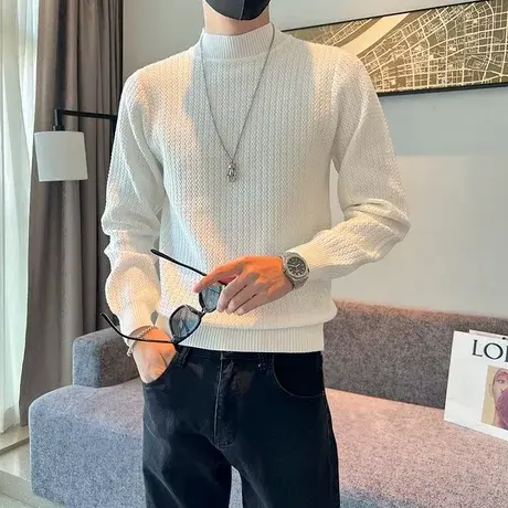 半高领毛衣男春秋季纯色休闲打底线衣日系潮流简约帅气套头针织衫商品大图