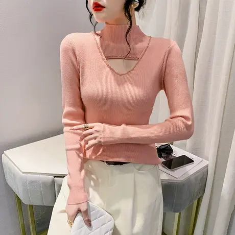 时尚半高领镂空针织衫女长袖秋冬2023新款套头毛衣洋气内搭打底衫图片