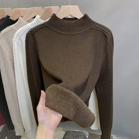 加绒半高领毛衣女一体绒打底衫2023秋冬新款钉珠针织衫内搭厚上衣商品大图