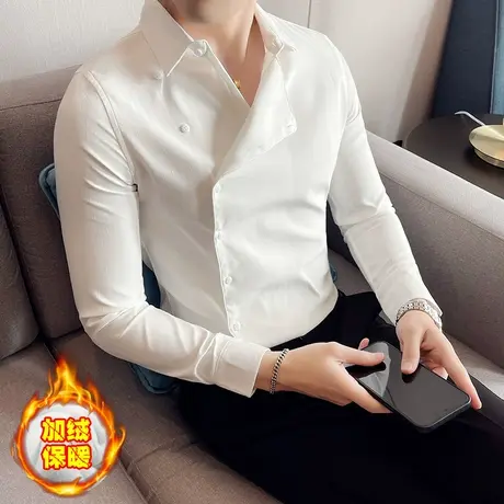 高级感男装斜门襟设计潮牌衬衫秋冬季长袖加绒加厚衬衣男士痞帅春商品大图