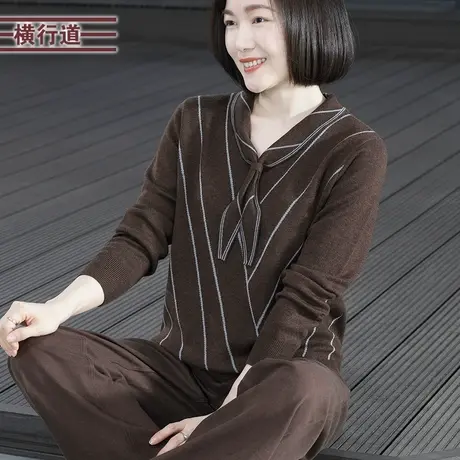 2023新款冬装韩版甜美飘带领拼色长袖毛衣外穿宽松针织衫简约女装商品大图