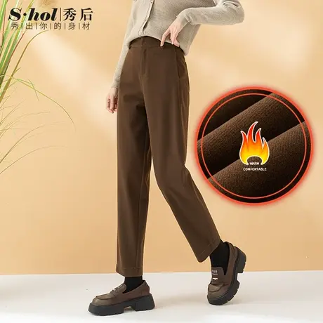 秀后女裤加绒加厚毛呢裤子女休闲裤宽松高腰秋冬裤子商品大图