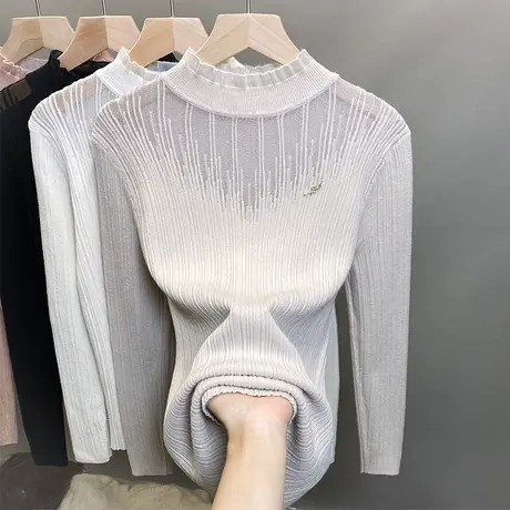 半高领毛衣女蕾丝打底衫2023秋冬新款套头外穿针织衫内搭洋气上衣商品大图