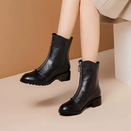 断码捡漏短靴女中跟全牛皮黑色前拉链皮短靴真皮马丁靴粗跟女士靴商品大图