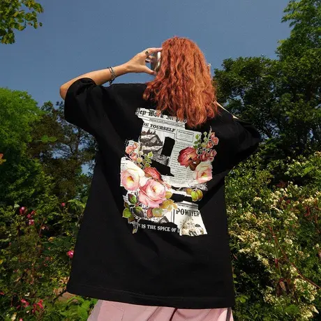 YEP玫瑰花印花美式复古短袖t恤女2023年新款宽松潮牌半袖设计上衣商品大图