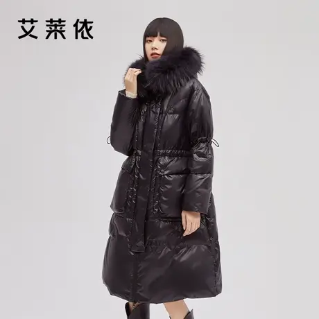 艾莱依新品黑色抽绳羽绒服女冬中长款白鸭绒冬装轻奢大毛领外套商品大图