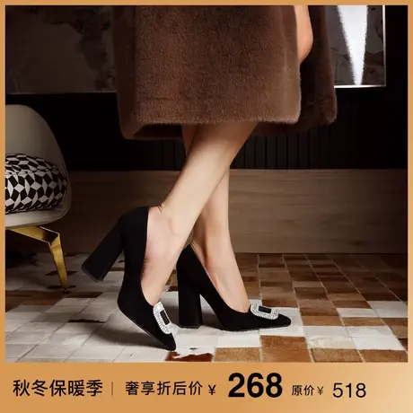 熙漫2023新款法式名媛水钻百搭黑色单鞋小个子尖头气质粗高跟鞋女图片