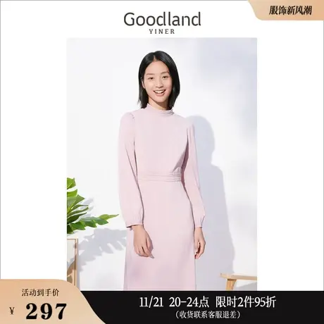 Goodland美地女装秋季肌理感泡泡袖收腰气质长袖连衣裙图片
