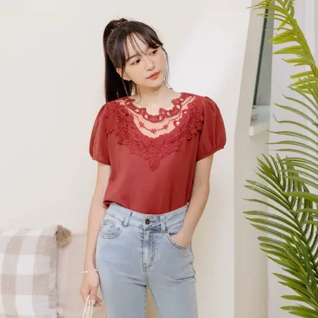 桔熊夏季复古宫廷风透肤蕾丝拼接泡泡袖雪纺衫上衣女大码AB12977图片