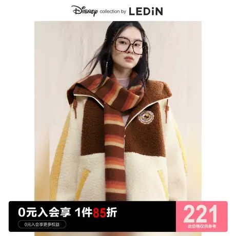 【迪士尼联名】乐町撞色拼接加绒厚外套女休闲冬新款可爱毛毛外套图片