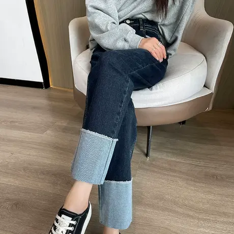 九分高腰直筒牛仔裤女春秋新款直筒拼接显瘦小个子窄版法棍烟管裤商品大图